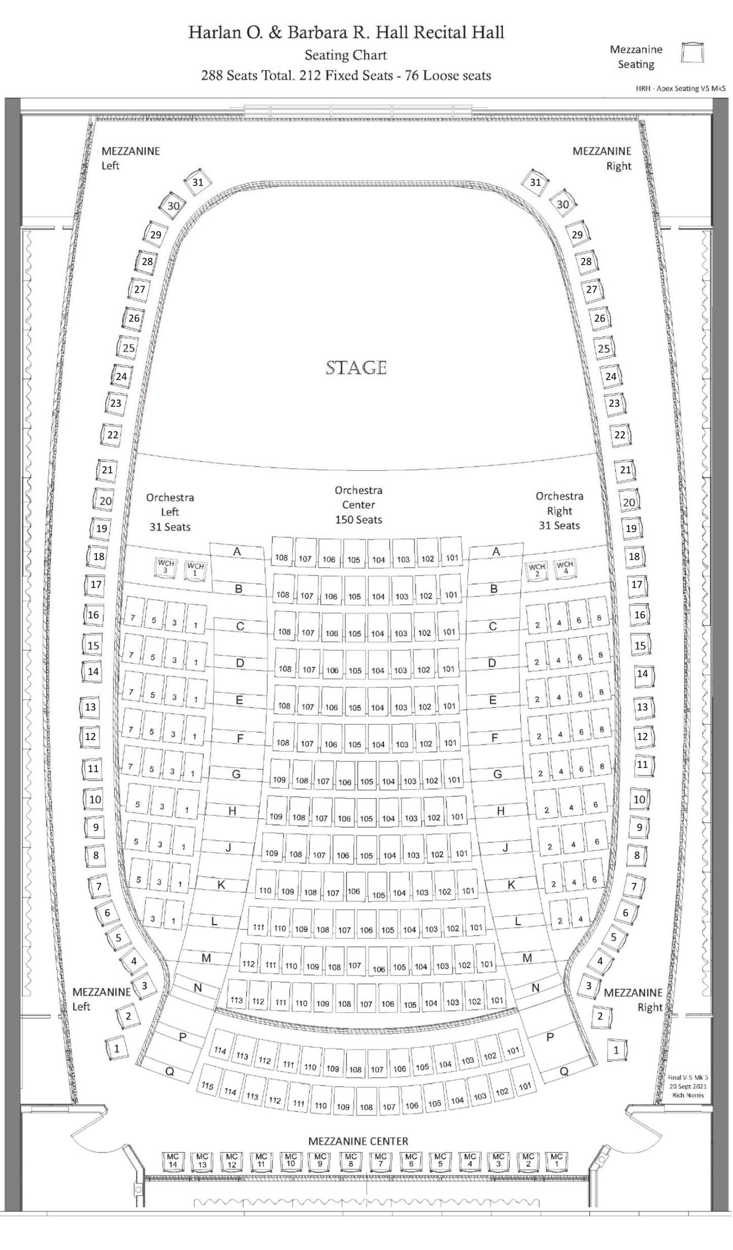 Seating chart diagram of Harlan O. & Barbara R. Hall Recital Hall with labeled sections.