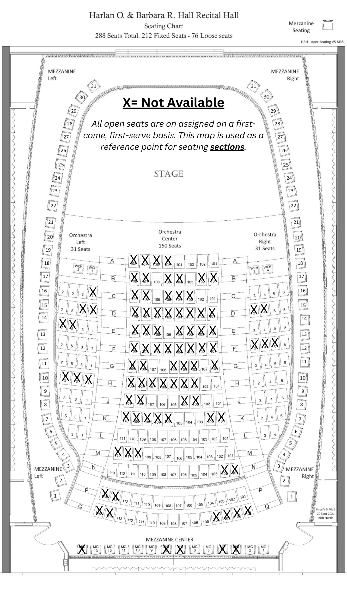 Seating chart diagram for Harlan O. & Barbara R. Hall Recital Hall with unavailable seats marked.