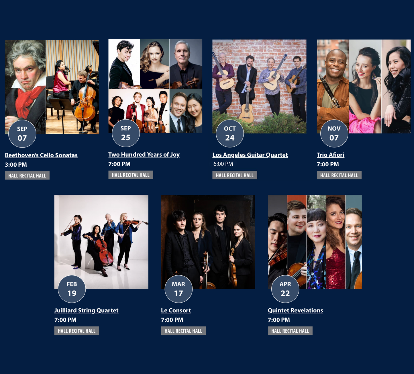 Schedule of musical events with performers and dates on a blue background