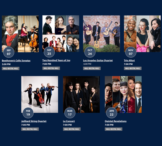 Schedule of musical events with performers and dates on a blue background