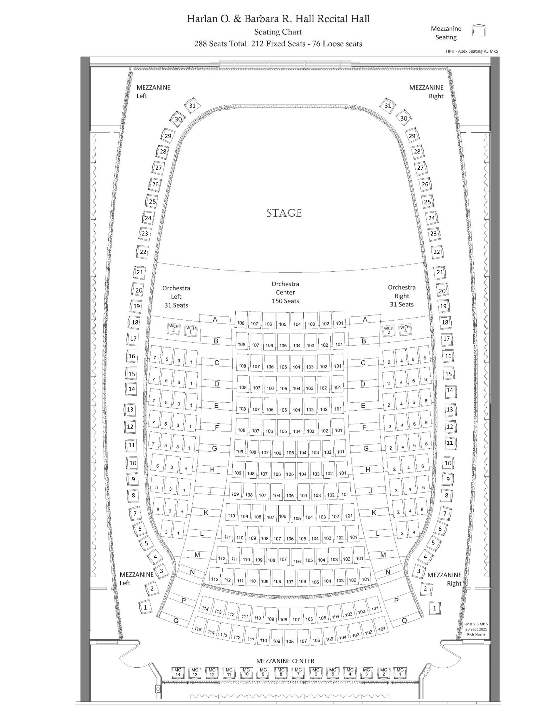 Seating chart of a theater with labeled sections and stage.