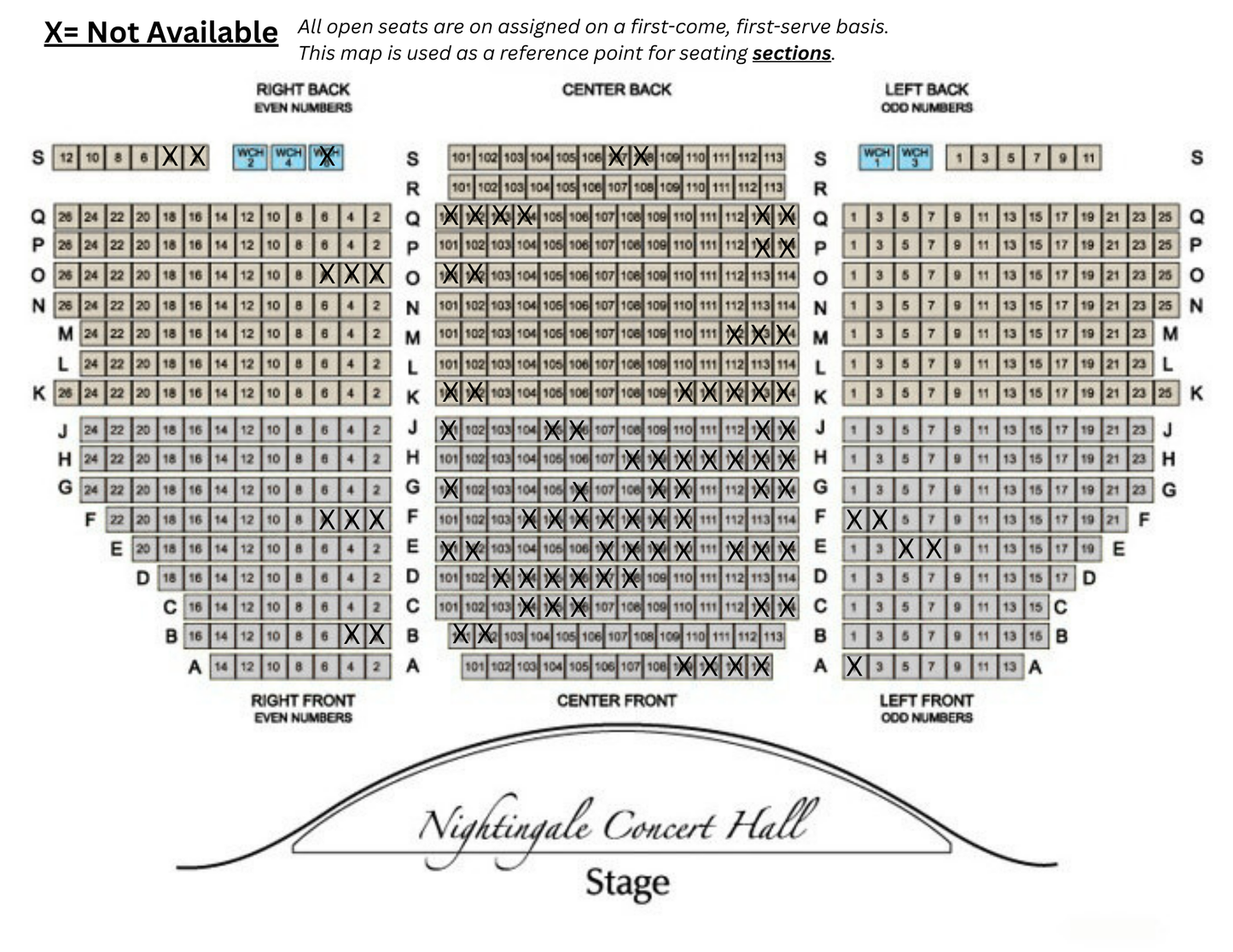 Seating chart for Nightingale Concert Hall with section labels and unavailable seating.